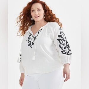 Style&Co White Cotton Embroidered Peasant Blouse XXL – Boho Long Sleeve Top